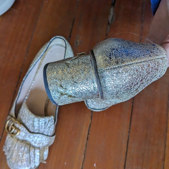 Gucci Galassia Platino Crackle Heels Marmont Loafers Gold - Picture 3 of 6